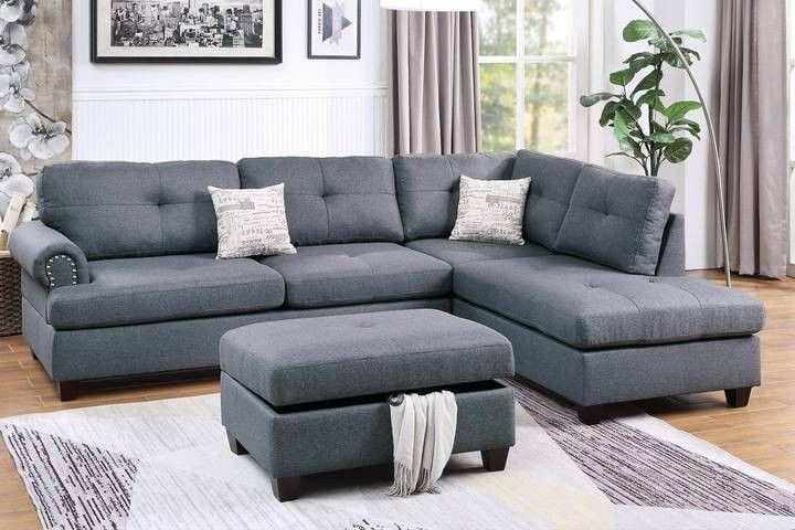 3 Piece Grey Sectional Sofa with storage ottoman