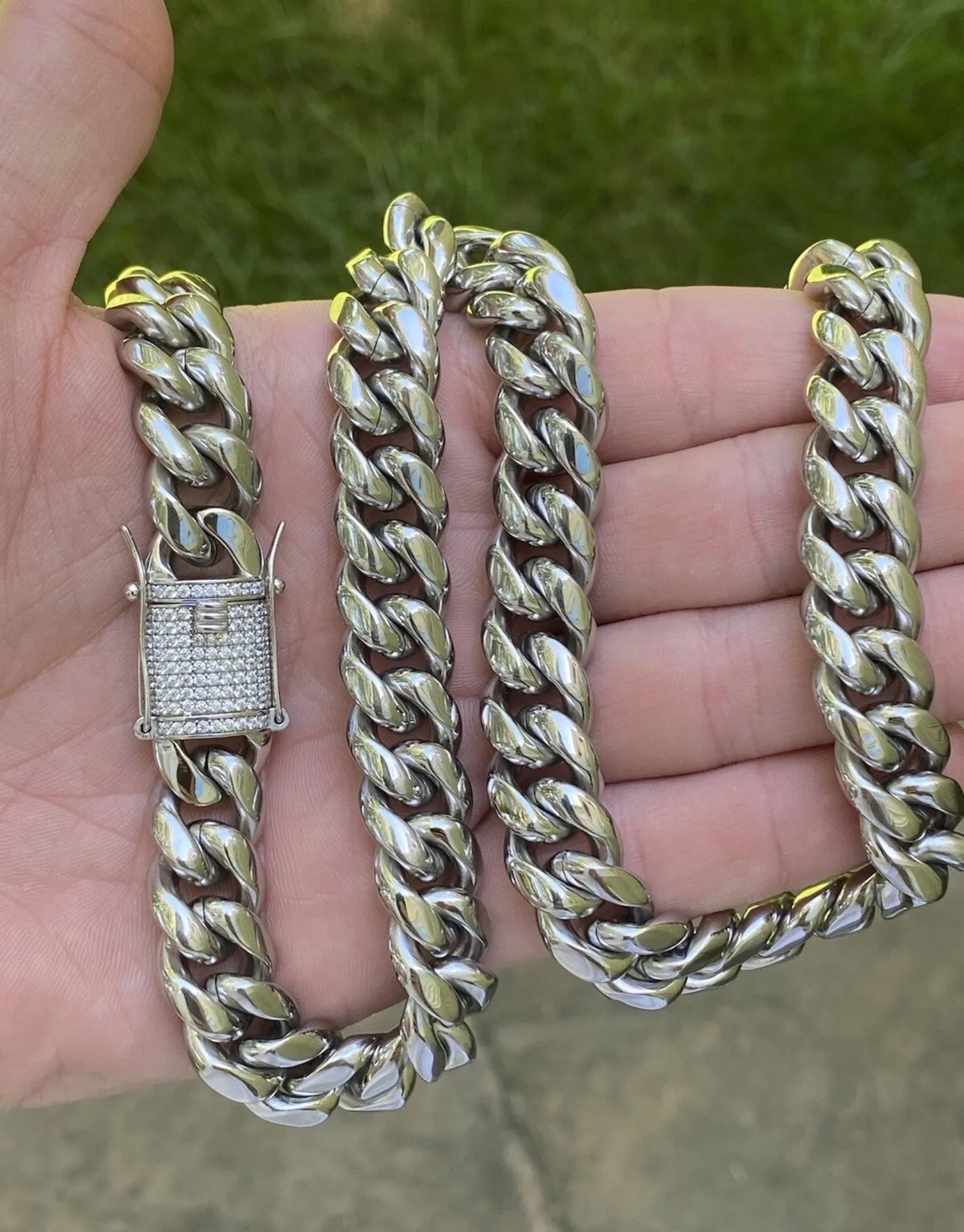 Cz Diamond Miami Cubian an Chain Stamp 14k Gold Plated 5X Layered steel choker Non Rust or Neck Green 14mm Thick 24Inch