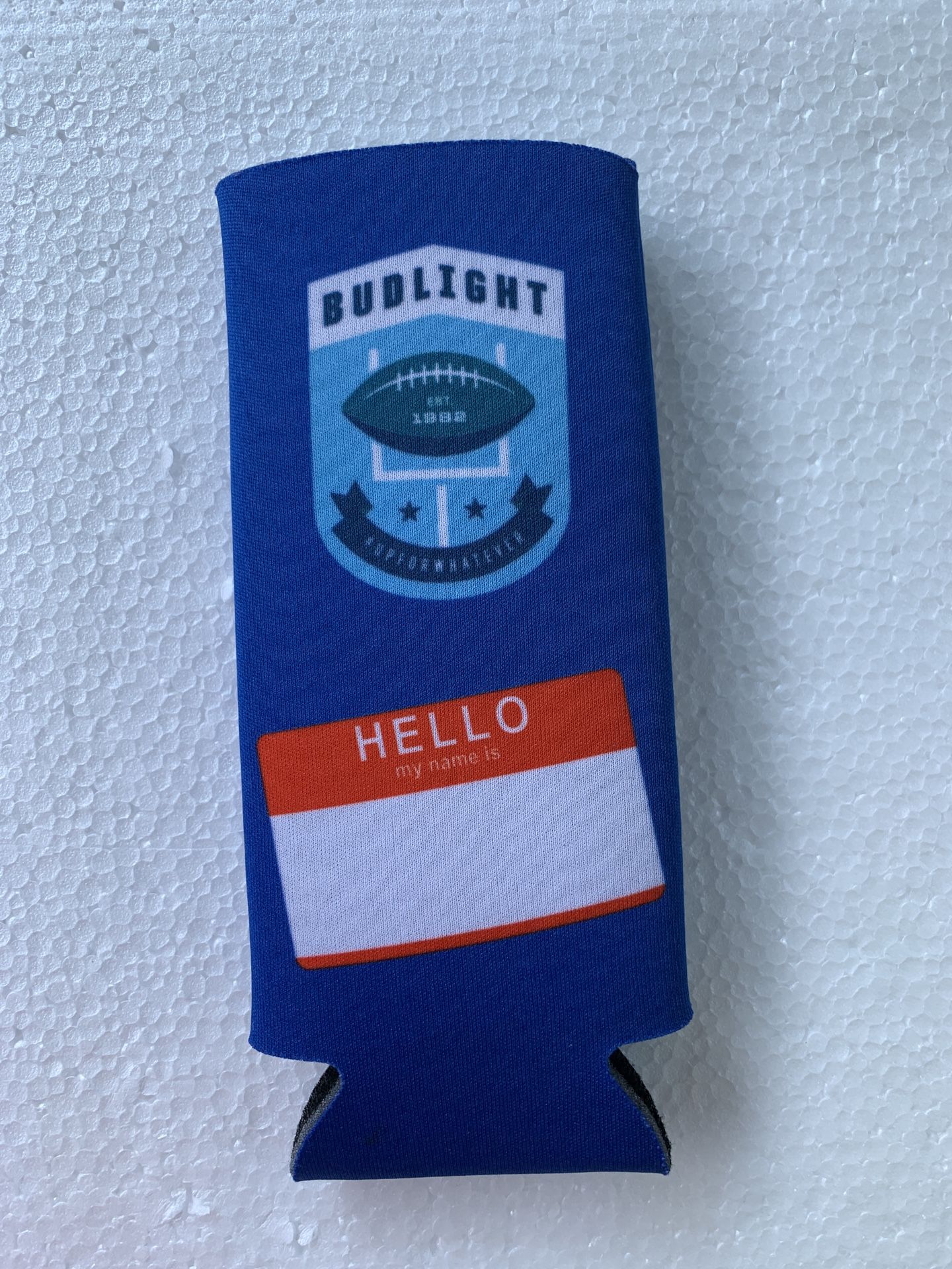 Bud Light Beer Football Slim Koozie 16 oz Can/Bottle - Hello My Name Is