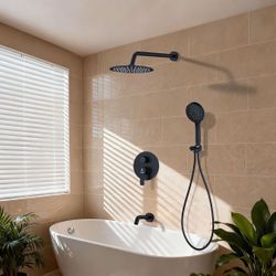 Shower Faucet Set with Tub Spout Bathroom Rainfall 8 Inch Shower Head System with Handheld Single Handle Shower Valve and Trim Kit