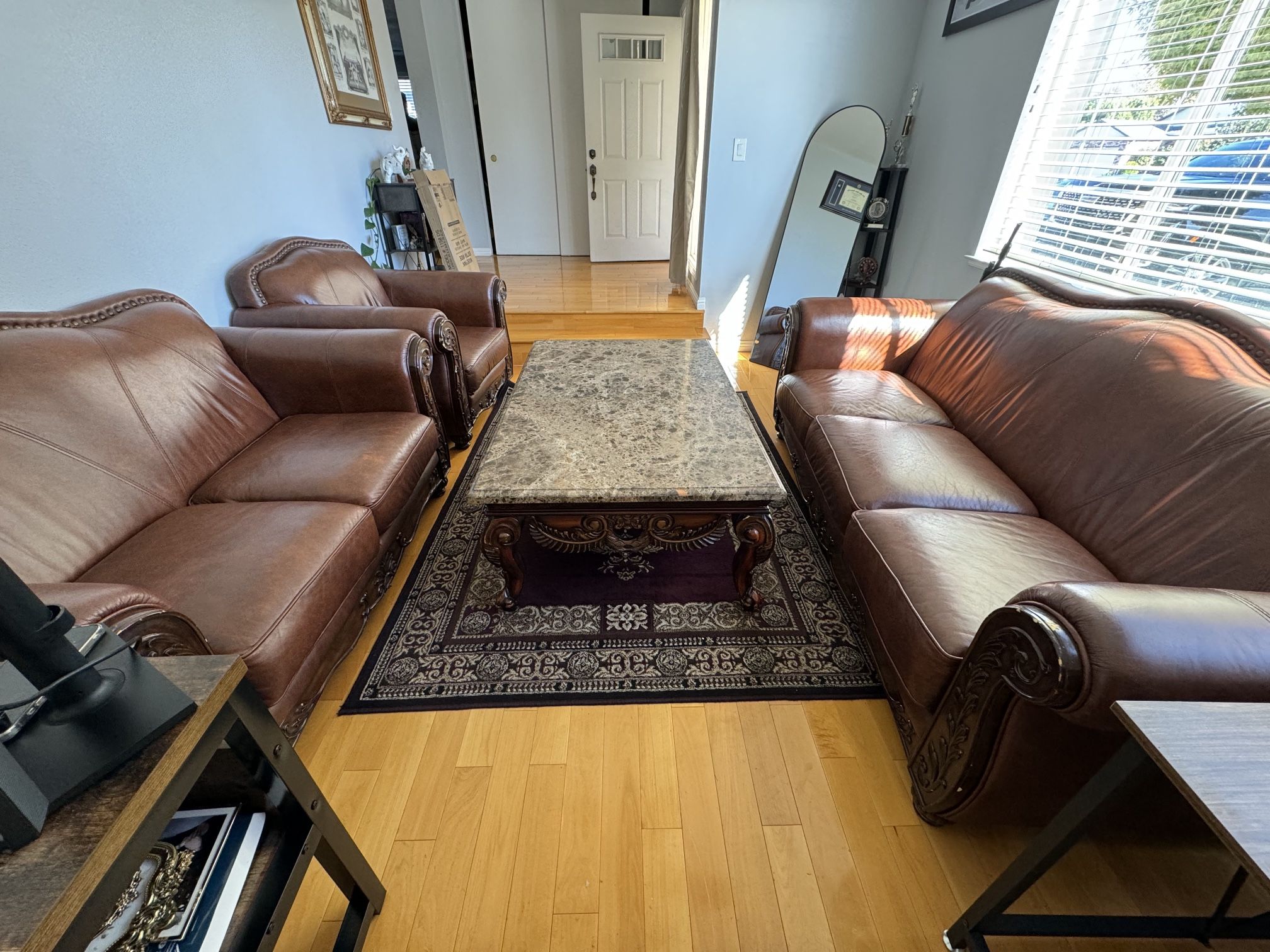 Quality Full Leather Sofa Set and Marble Coffee Table