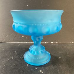 INDIANA Vintage Blue Satin Glass King’s Crown Thumbprint Compote Candy Dish