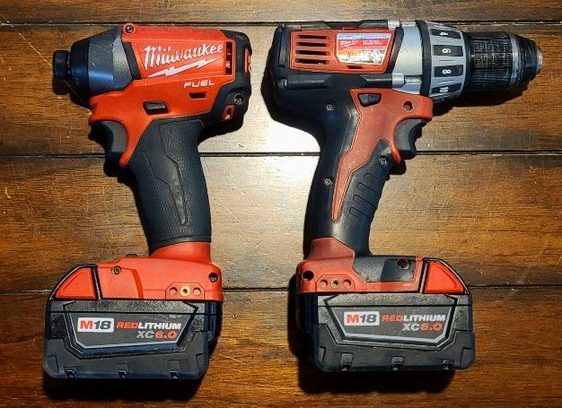 Milwaukee Tool Bundle – M12 Spotlight (New), M18 Drill, M18 Impact, XC5.0 + XC6.0 Batteries