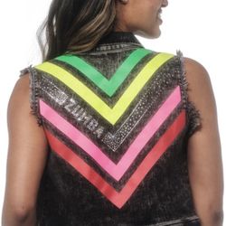 Black Denim Button Up Vest, With Swarovski Crystals