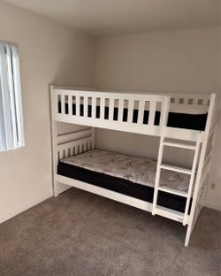 White Wood Twin Bunk Bed with Ladder