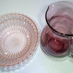 Amethyst Ombre & Crystal Set ✨Handmade Glass Pitcher Jeannette Diamond Cut Large Bowl