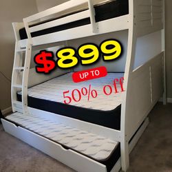 Twin/Full Antique White Hoover Collection Bunk bed w. Orthopedic Mattresses Included 