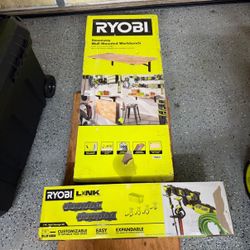 RYOBI Stowaway Wall Mounted Folding Workbench Table with LINK 7-Piece Wall Storage Kit Ryobi