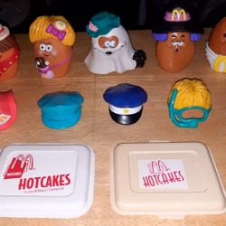 VTG Mixed Lot (17) McDonald's 80's/90's Happy Meal Toys. (5) Chicken McNugget Bodies, (10) Accessories, And (2) Hotcakes Lids