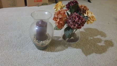 Vases, candle, flowers