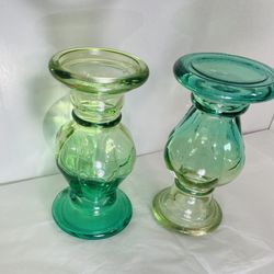 Vintage Recycled Ombre Glass Vase Handcrafted Spain Green. Glass Candle Holders