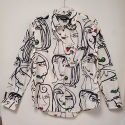 Desigual x Javier Mariscal White Arty Faces Long Sleeve Button-Down Shirt W Lrg