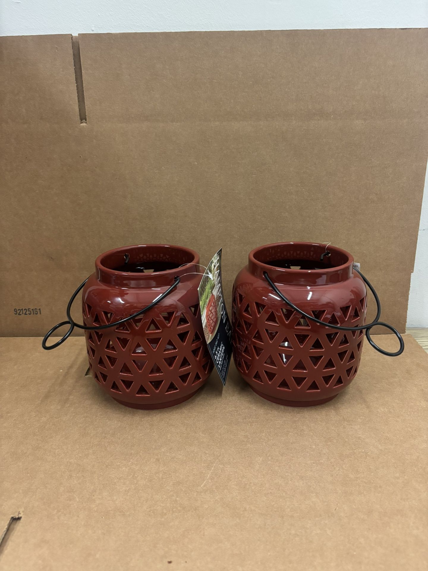 New Pair of 6.5” Ceramic Outdoor Patio Lanterns in Chili Red with Hooks