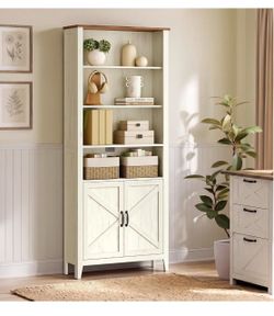 Farmhouse Bookshelf, 6-Tier Bookcase with Doors Bookshelf For Living Room, Bedroom, Farmhouse Style, Cloud White and Warm Brown, LIRY Collection ULBC1