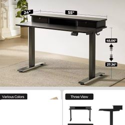 😀 55 x 24 Inch Height Adjustable Electric Standing Desk with Double Drawer, Stand up Home Office Computer Desk with 4 Height-Adjustable Feets & 2 Hoo