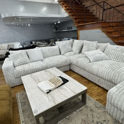 White And Gray Plush Sectionals 
