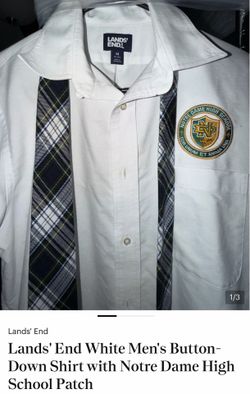 White Lands' End men's button-down shirt. Embroidered Notre Dame High School patch on chest.