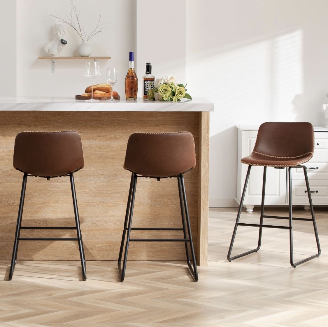 HeuGah Counter Height Bar Stools Set of 3, Brown Barstools with Back Support 26 Inch Faux Leather Bar Stools for Kitchen Island Counter Height Bar Cha