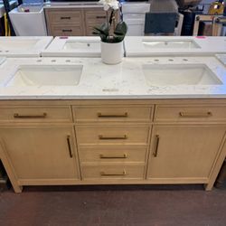 SUDIO Logan 60 in. W Bath Vanity in Sand with Engineered Stone Top in Carrara White with White Sink  60 x 22"   $950