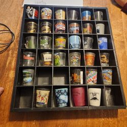 Thirty two shot glasses Anne shelf all for thirty five dollars