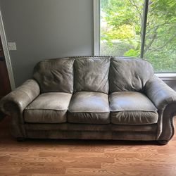 Distressed Leather Sofa, Loveseat And Chair w/Ottoman