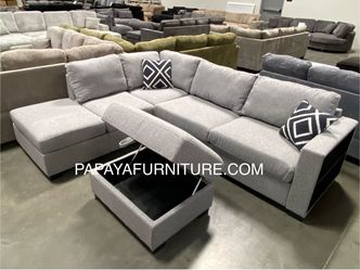 Reversible New Plush Sectional Sofa, Fabric Couch, Grey Sofa, Gray Couch, Sectional with built-in Shelves armrest, Sectional and Ottoman, Storage Otto