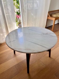 Mid Century Modern Round Genuine Marble Top Coffee Table with Hazelnut Wood Color Legs