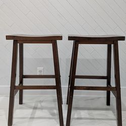 Set of 2 Solid Wood Saddle-Seat Bar Stools - Dark Walnut