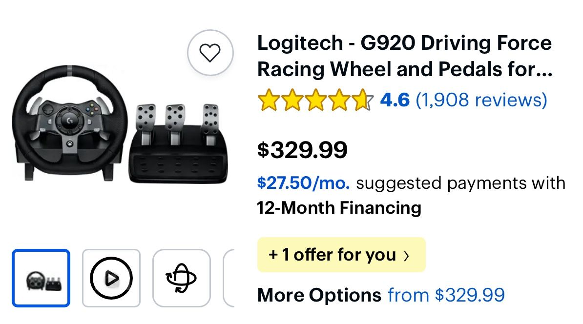Logitech G920 Driving Force Racing Wheel For Gaming Xbox /Pc