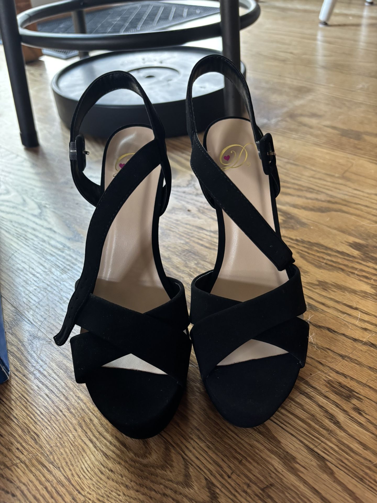 Heart in D Black Faux Suede Open Toed Heels
