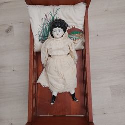 Antique China Head Doll and Crib