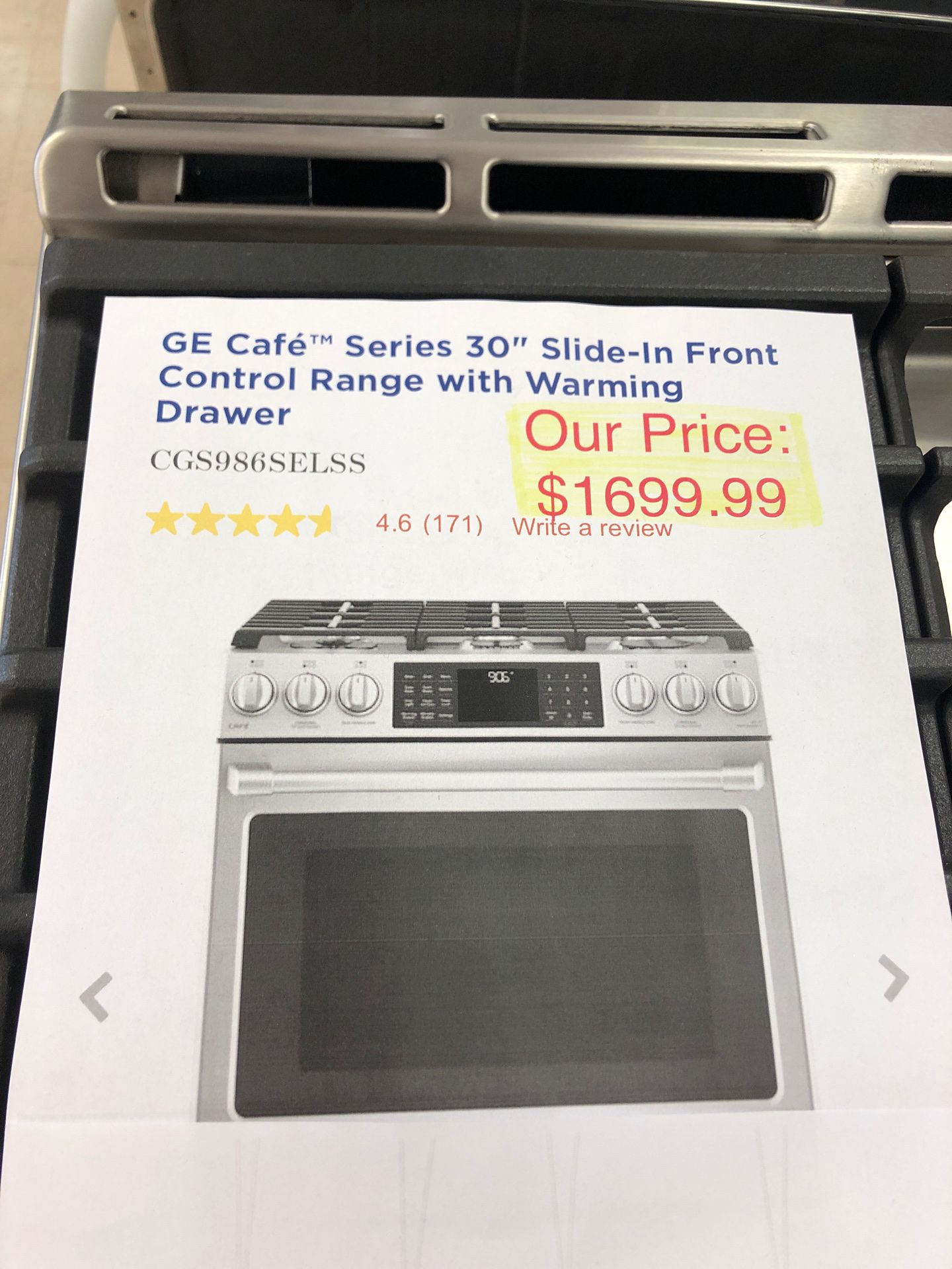 GE Cafe slide in front control range with warming drawer