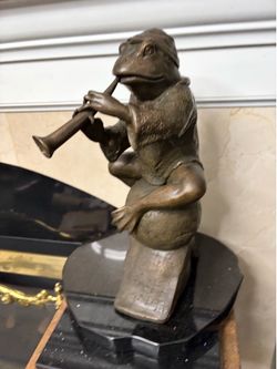 Vintage bronze frog playing a flute 15”T