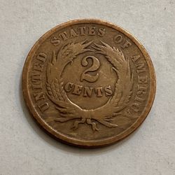 1864 U.S Two Cents Coin / Antique Two Cents Piece