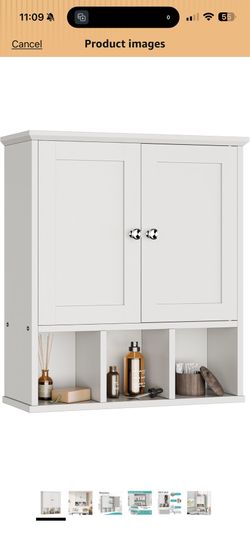 Bathroom Wall Cabinet, Bathroom Cabinet Wall Mount with 2 Doors and 3 Open Shelves, Over the Toilet Wood Medicine Cabinets, White