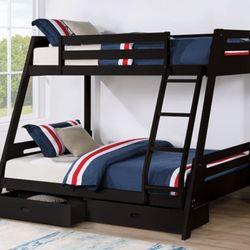 Brand New Black Twin Over Full Bunk Bed w Trundle Drawers 
