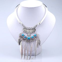 Silver Bohemian Tribal Blue Beads Stone Leaf Tassel Choker Necklace