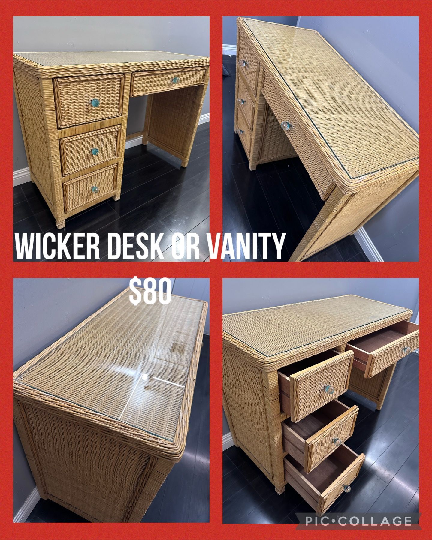 Wicker Desk Or Vanity With Glass Top 