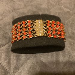 Goldtone Beaded Link Chain Bracelet With Magnetic Clasp With Rhinestones 