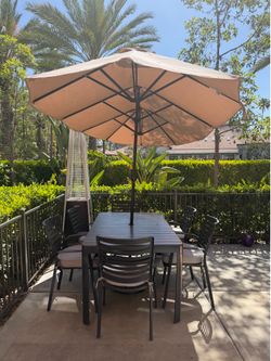 Outdoor Patio Dining Set – 6 Chairs, Table, Umbrella & Base