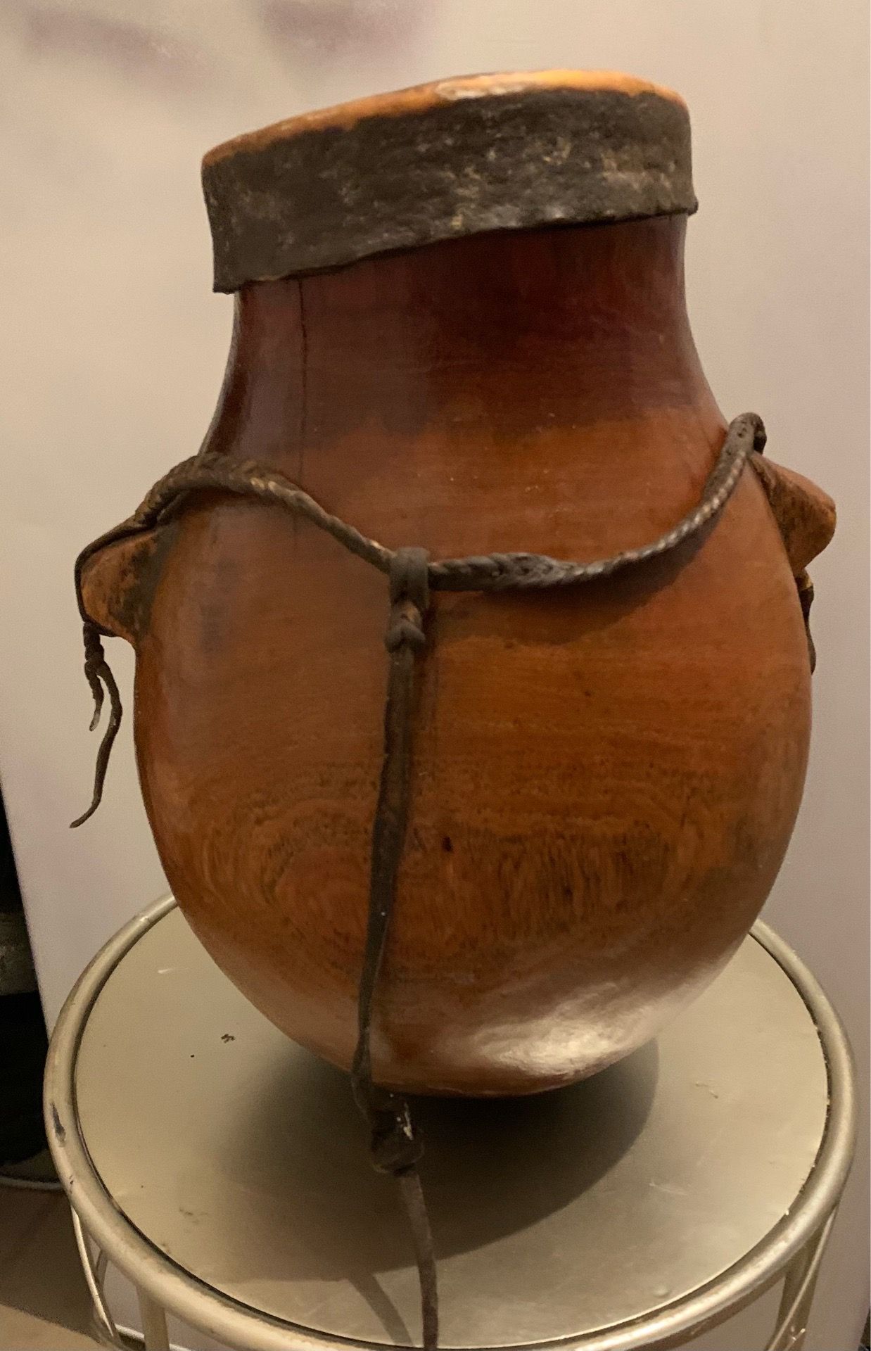 Primitive Wooden Jar and leather Lid