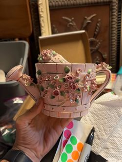Vintage Napco Ceramic Pink Watering Can Planter with Applied Clay Flowers and Rhinestones