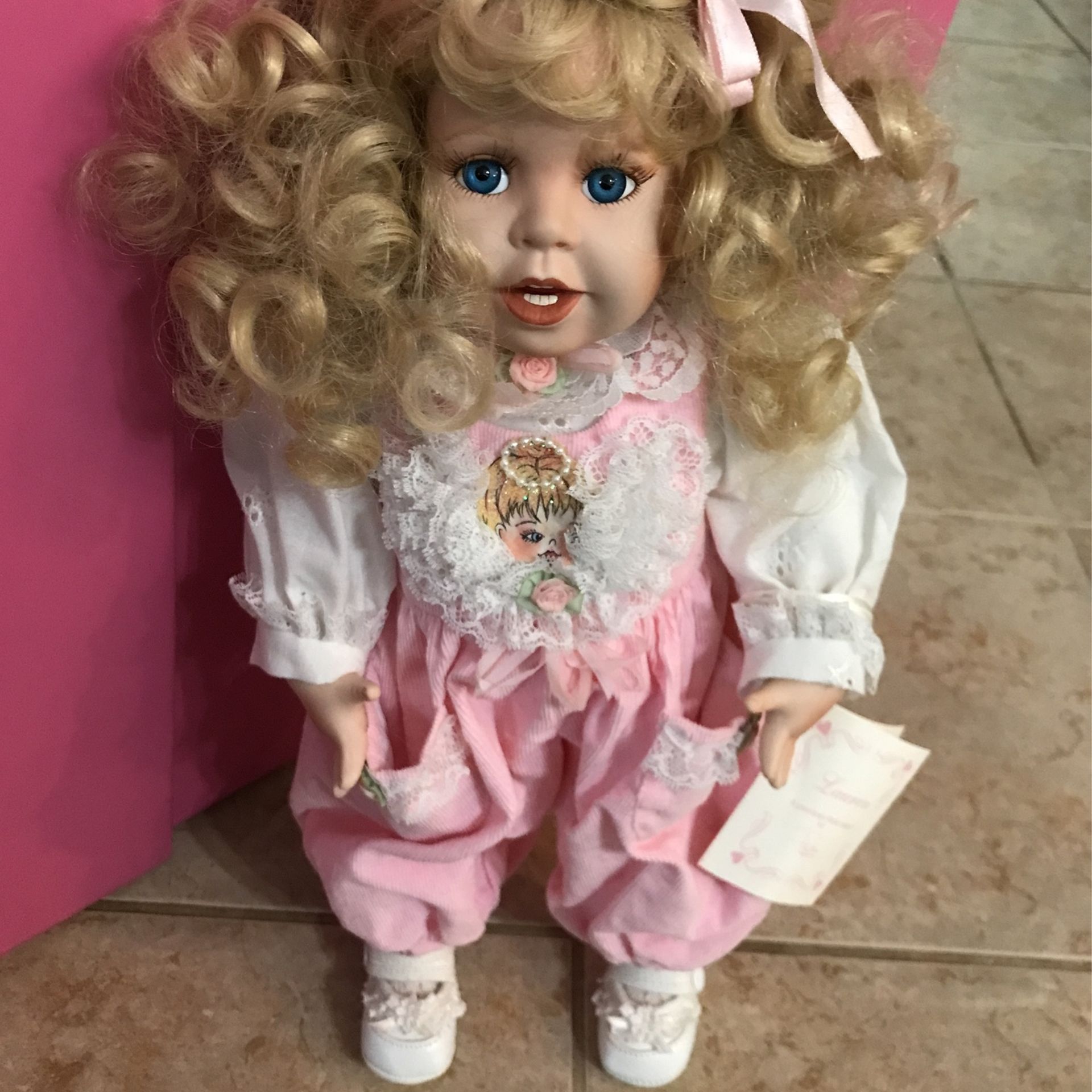 “PRETTY “ Porcelain Collectors Doll “Lauren”in Precious Pink Angel Outfit !