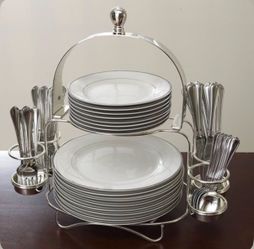 Silver-Tone Dinnerware Set with Rack and Cutlery