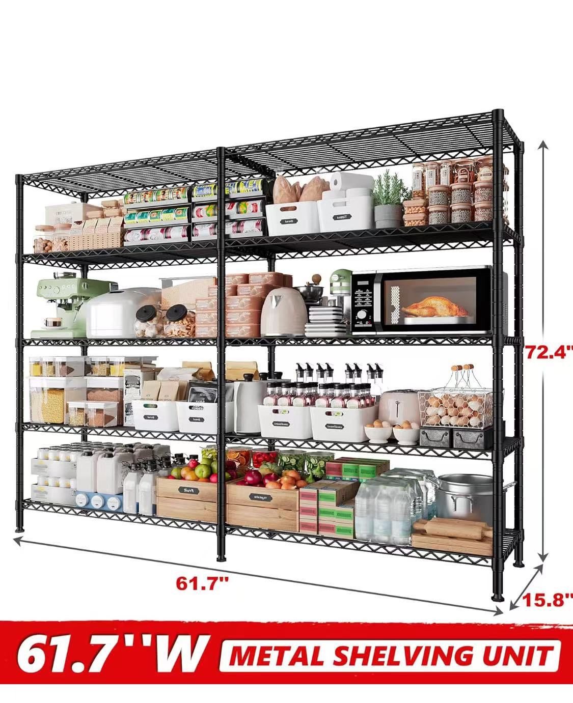 😀 REIBII 5-Tier Heavy Duty Metal Wire Shelves, Industrial Style, 61.7"W x 15.8"Dx 72.4"H , Adjustable, Rust Resistant