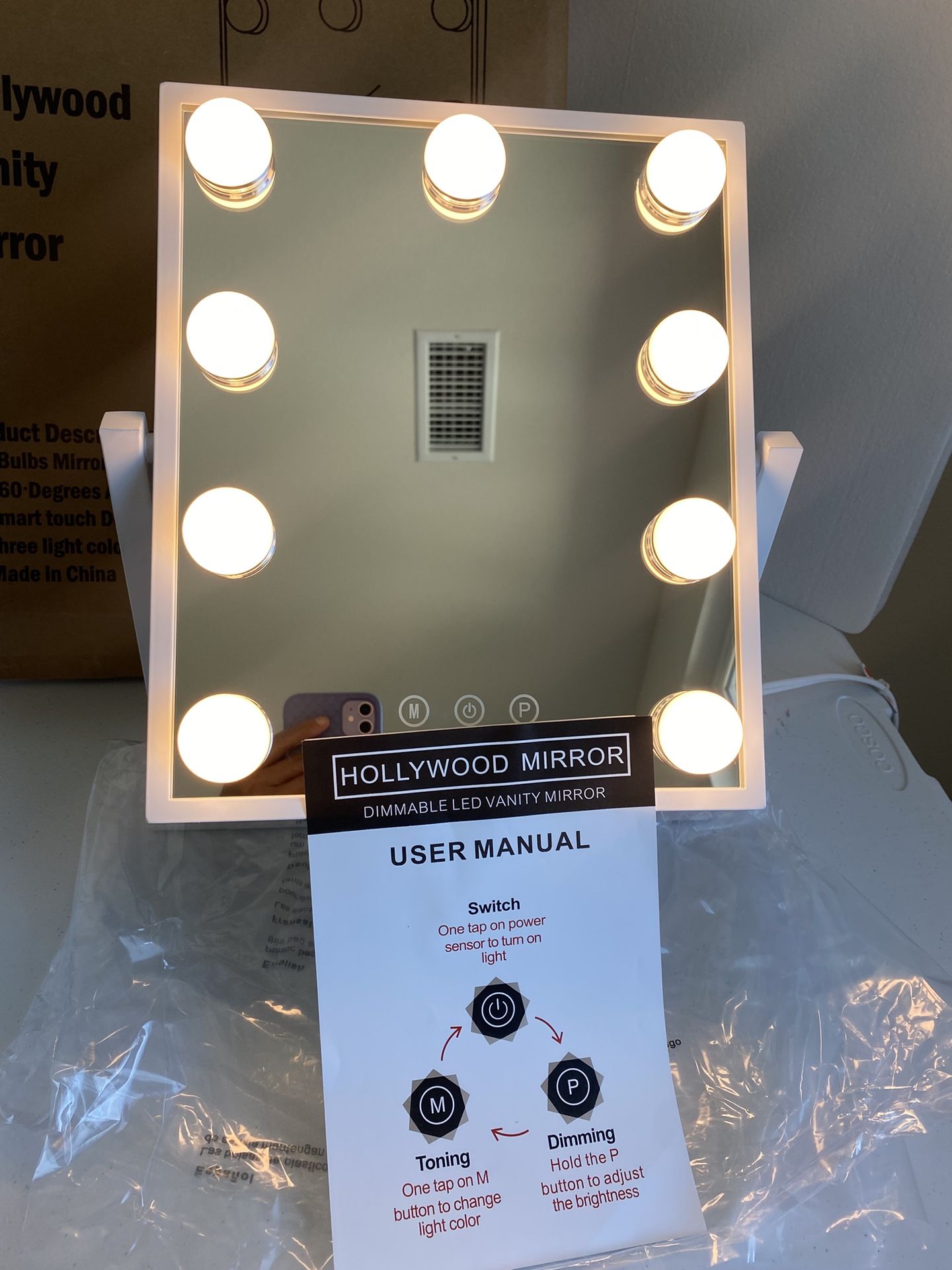 Hollywood Vanity Makeup Mirror with Lights-9 LED Bulbs, Touch Control, 3 Colors Light, 360° Rotate
