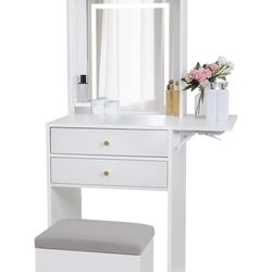 Small Vanity Desk Set with 3 Adjustable Lighted Mirror and Storage Chair, Makeup Vanity Table for Small Space, White Dressing Table with Fold-up Panel