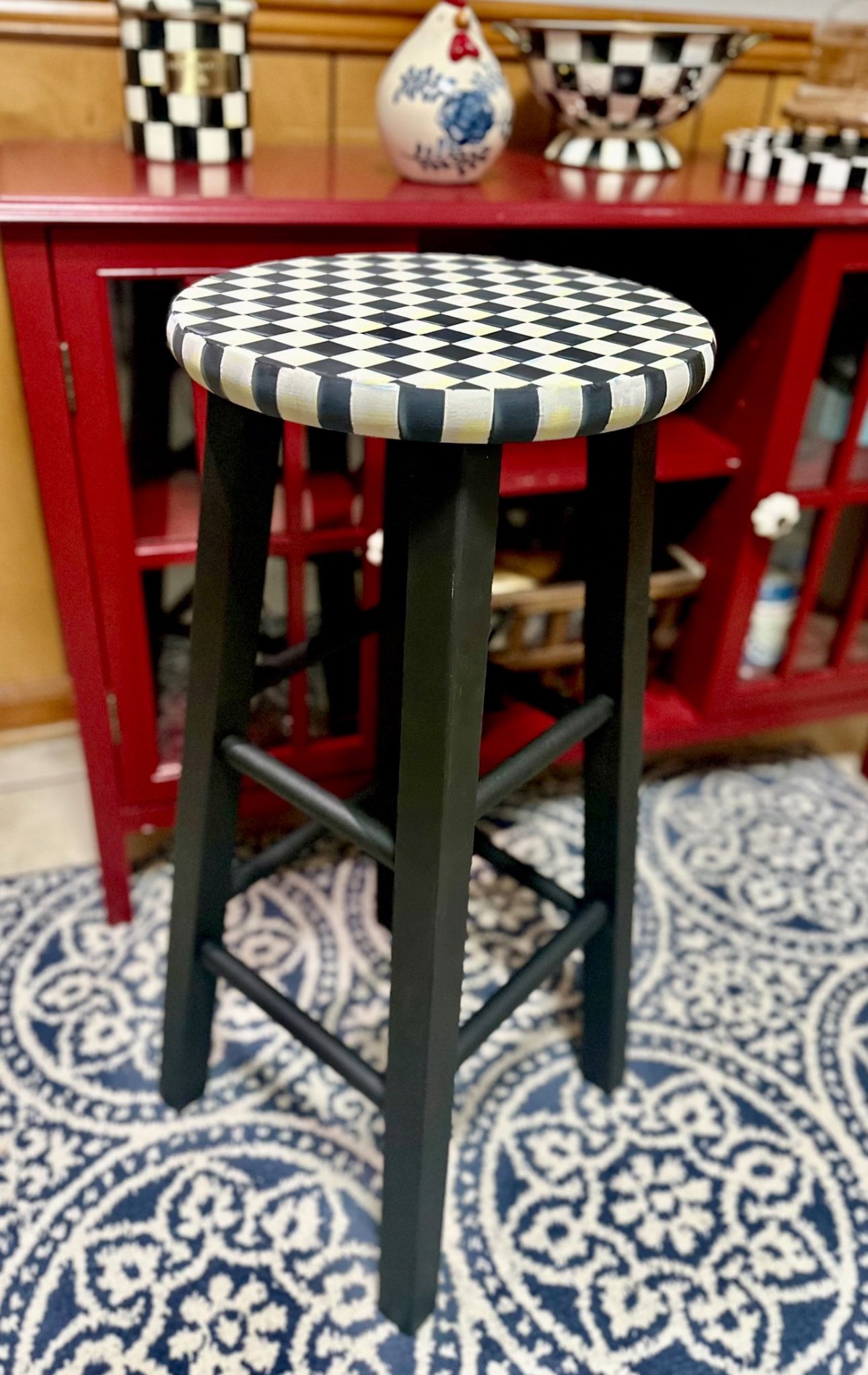 Whimsical Painted Wood Stool - Black & White Check