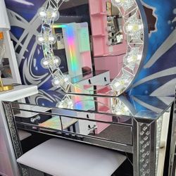 Brand New Glass Vanity With Crystal Rocks 2 Drawers, Bench $599