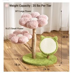 30" H Modern Cat Tree with Natural Solid Wood Branch, Fluffy Cat Beds Removable & Large Scratching Board, Creamy White